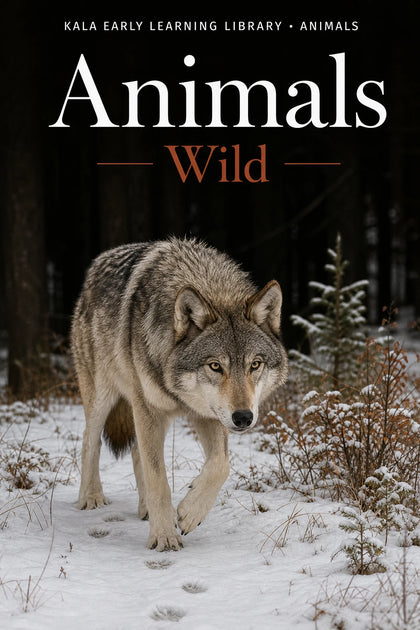 Animals Wild digital picture book cover showing a realistic wolf walking through snow