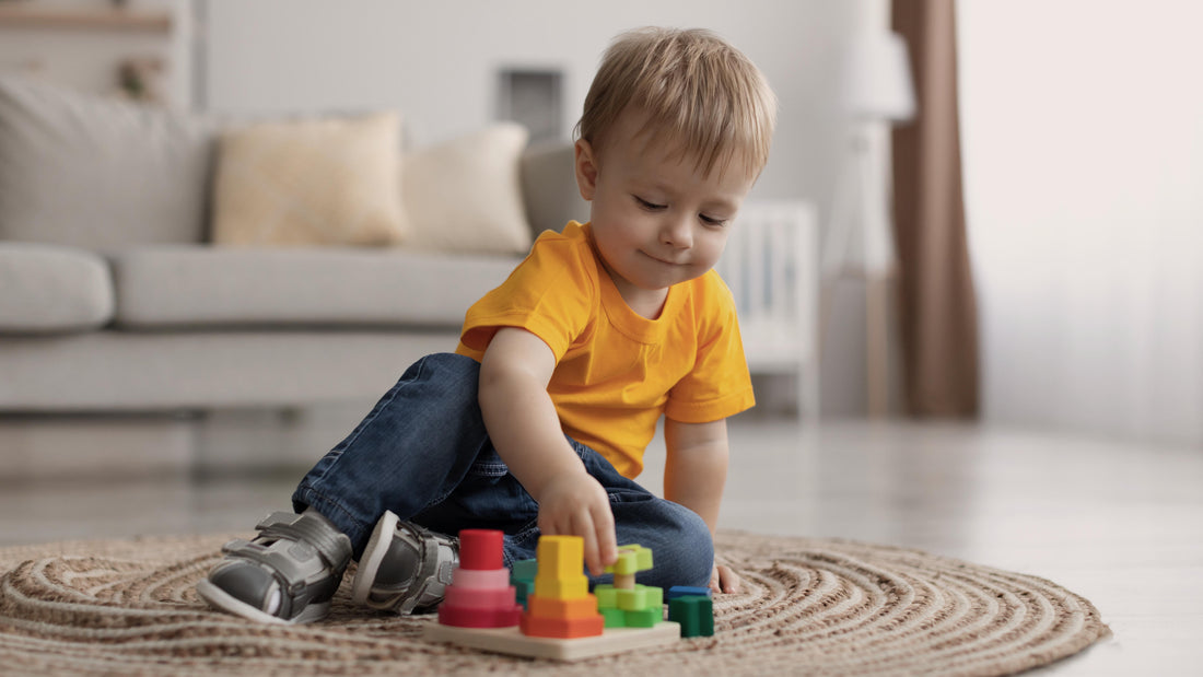 Toddler exploring a colorful wooden educational toy on the living room floor