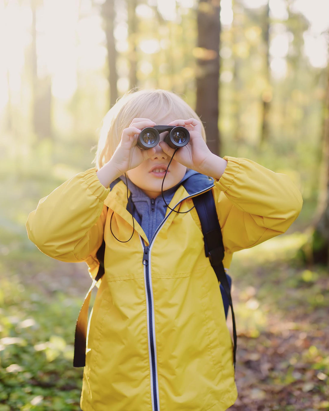 Little boy with binoculars hiking in the forest