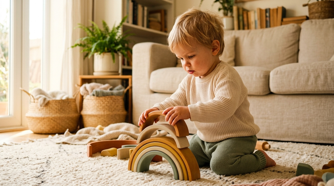 Toddler playing with wooden rainbow stacking blocks in a sunlit living room