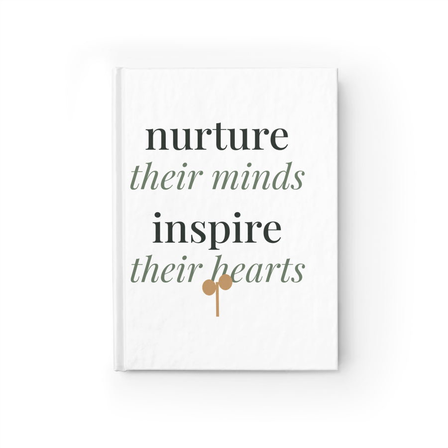 Nurture their minds, inspire their hearts lined journal, front cover with original Nureli artwork