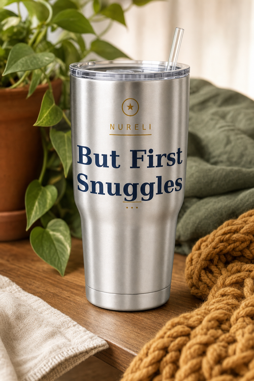 But First Snuggles 20oz insulated stainless steel travel tumbler by Nureli by Kala Library, styled on a warm oak table in soft morning light, premium lifestyle photo