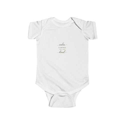 Calm, Curious, Kind soft baby bodysuit from the Nureli collection, view 2