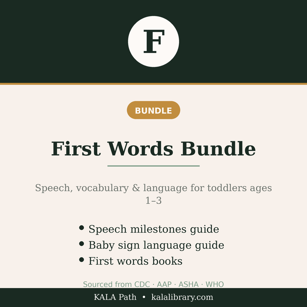 First Words Bundle — speech, vocabulary and language guides for toddlers ages 1 to 3, sourced from CDC, AAP, ASHA and WHO