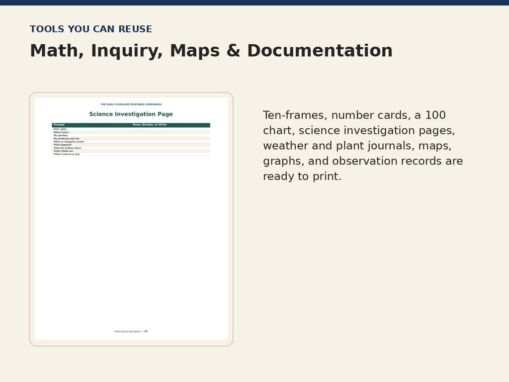 Early Scholars Printable Companion reusable math inquiry and documentation tools