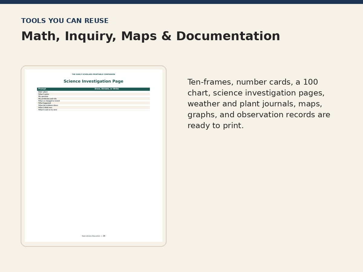 Early Scholars Printable Companion reusable math inquiry and documentation tools
