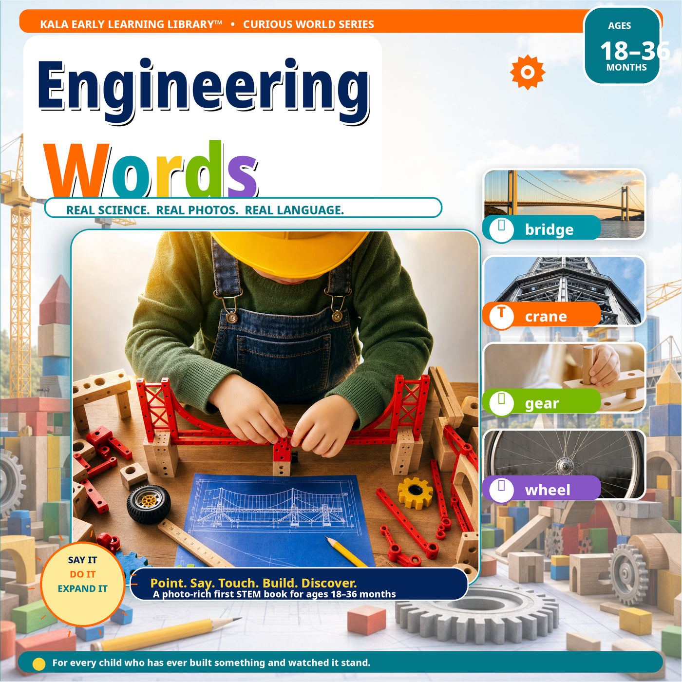 Engineering Words for Toddlers real-photo STEM vocabulary book cover, ages 1 to 3