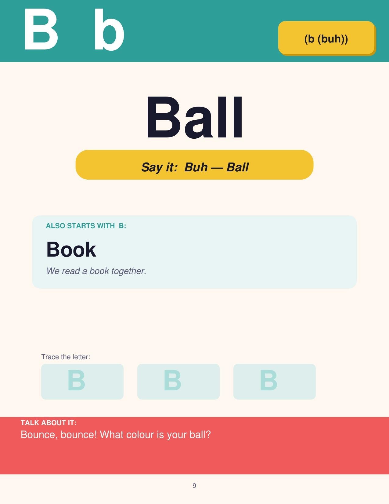 Look inside Everyday ABCs, letter B and Ball page