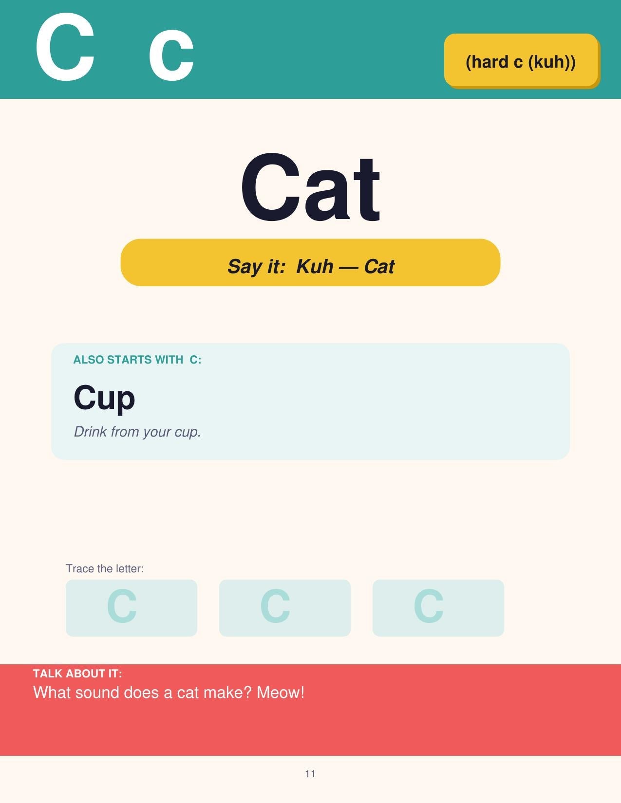 Look inside Everyday ABCs, letter C and Cat page