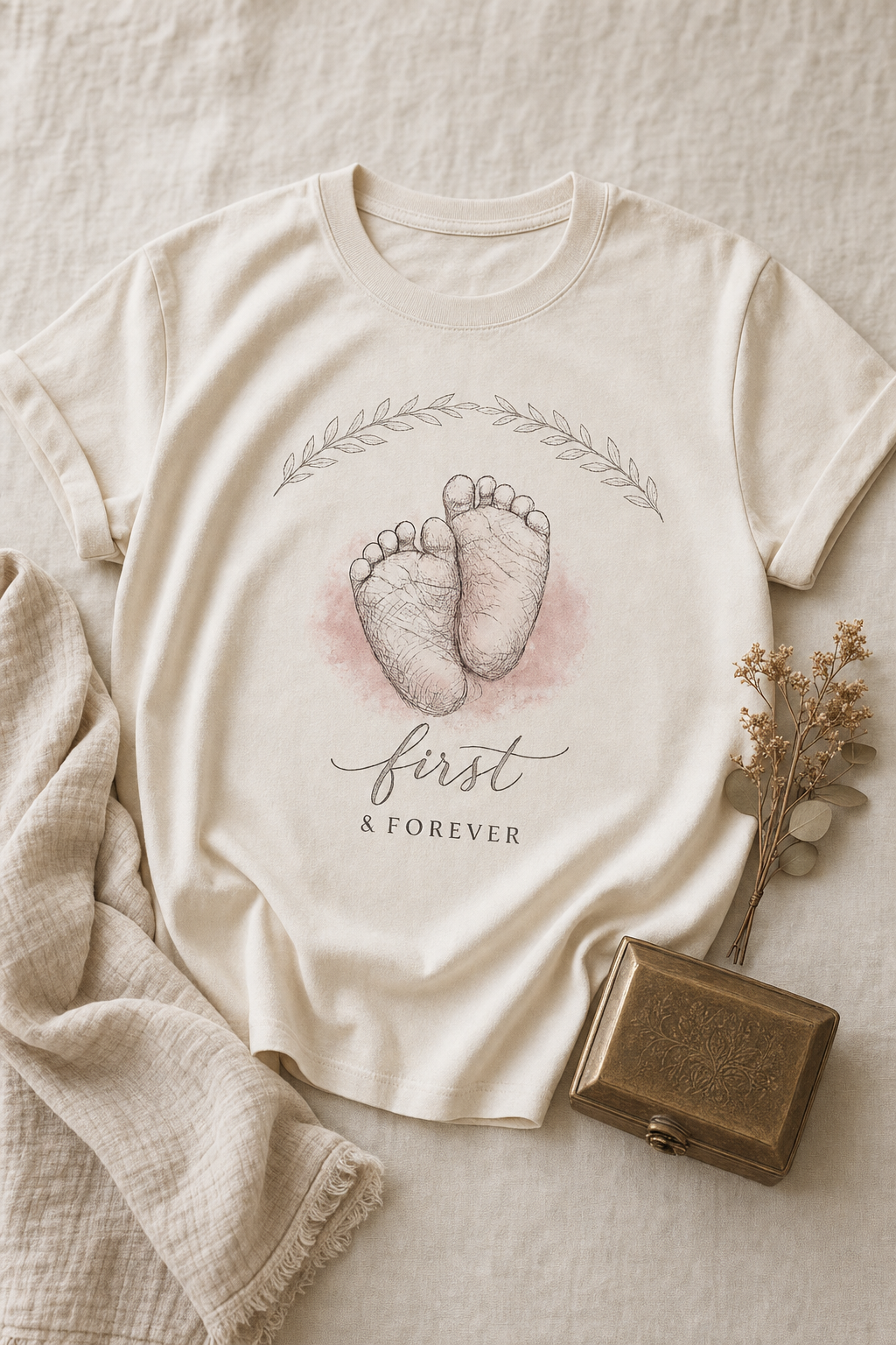 First & Forever keepsake tee styled flat-lay on cream linen with brass keepsake box
