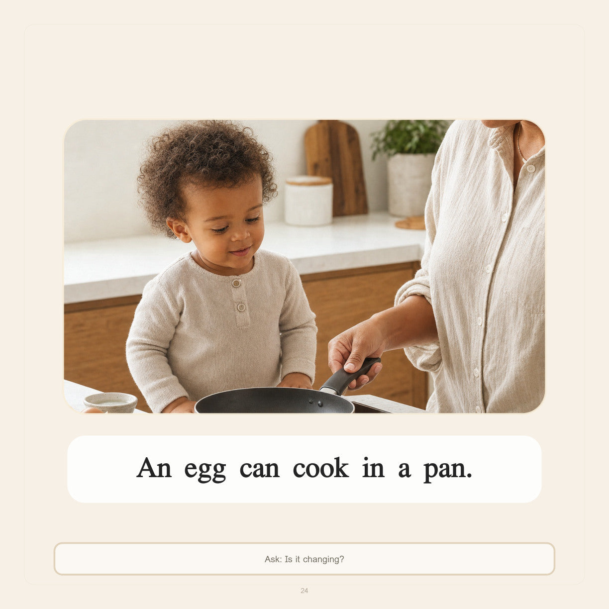Look inside First Words Food: an egg can cook in a pan with adult supervision