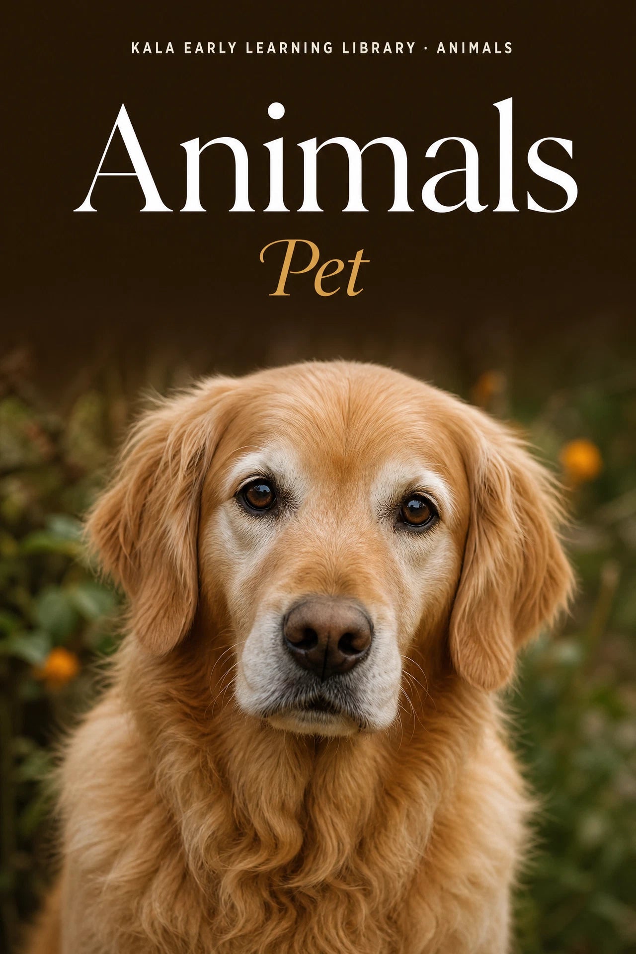 Animals Pet digital picture book cover showing a realistic golden dog portrait