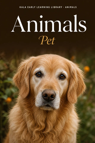 Animals Pet digital picture book cover showing a realistic golden dog portrait