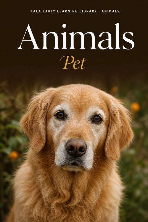 Animals Pet digital picture book cover showing a realistic golden dog portrait