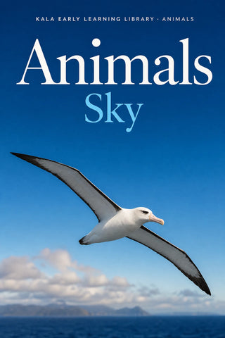 Animals Sky digital picture book cover showing a realistic albatross flying above the sea