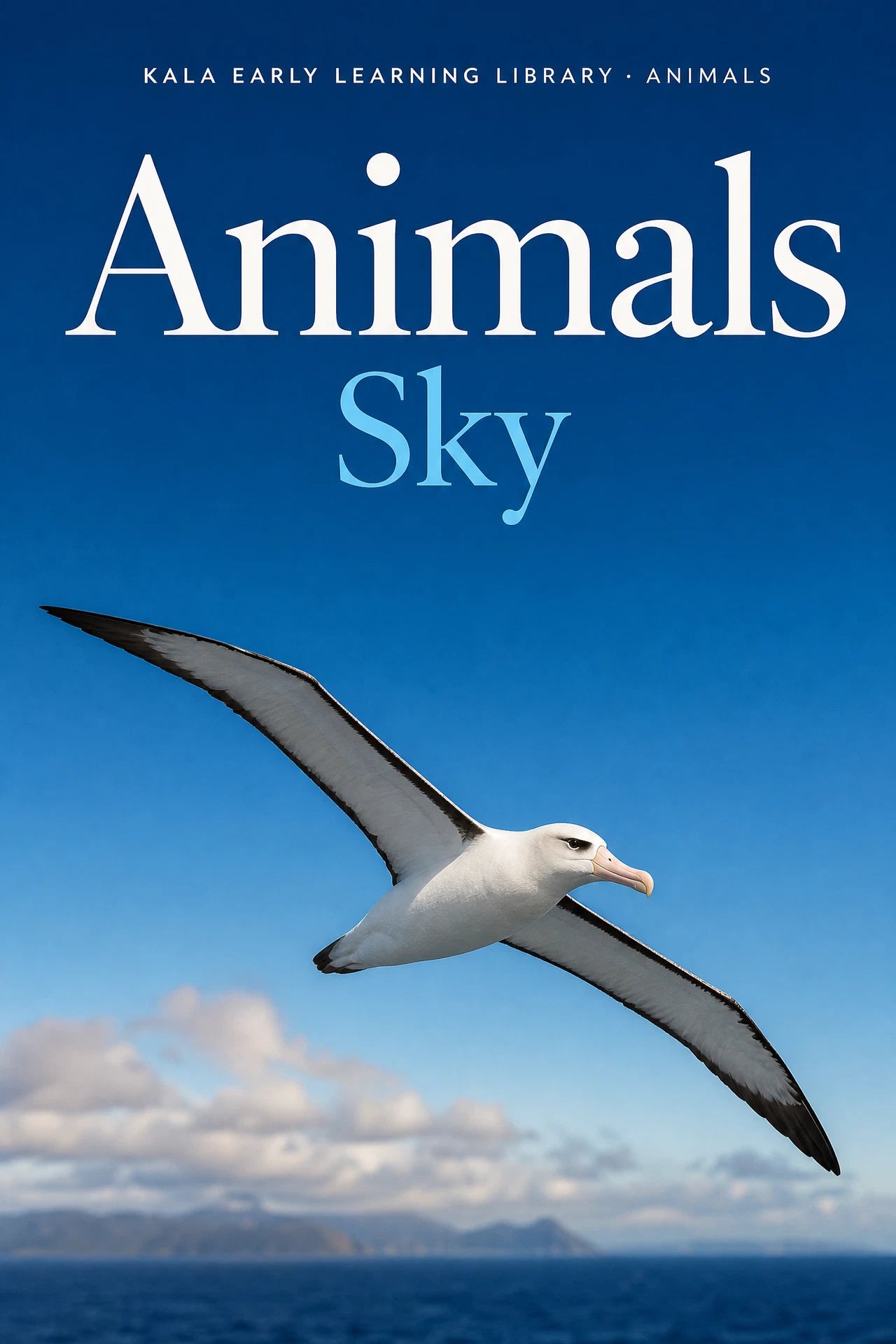 Animals Sky digital picture book cover showing a realistic albatross flying above the sea