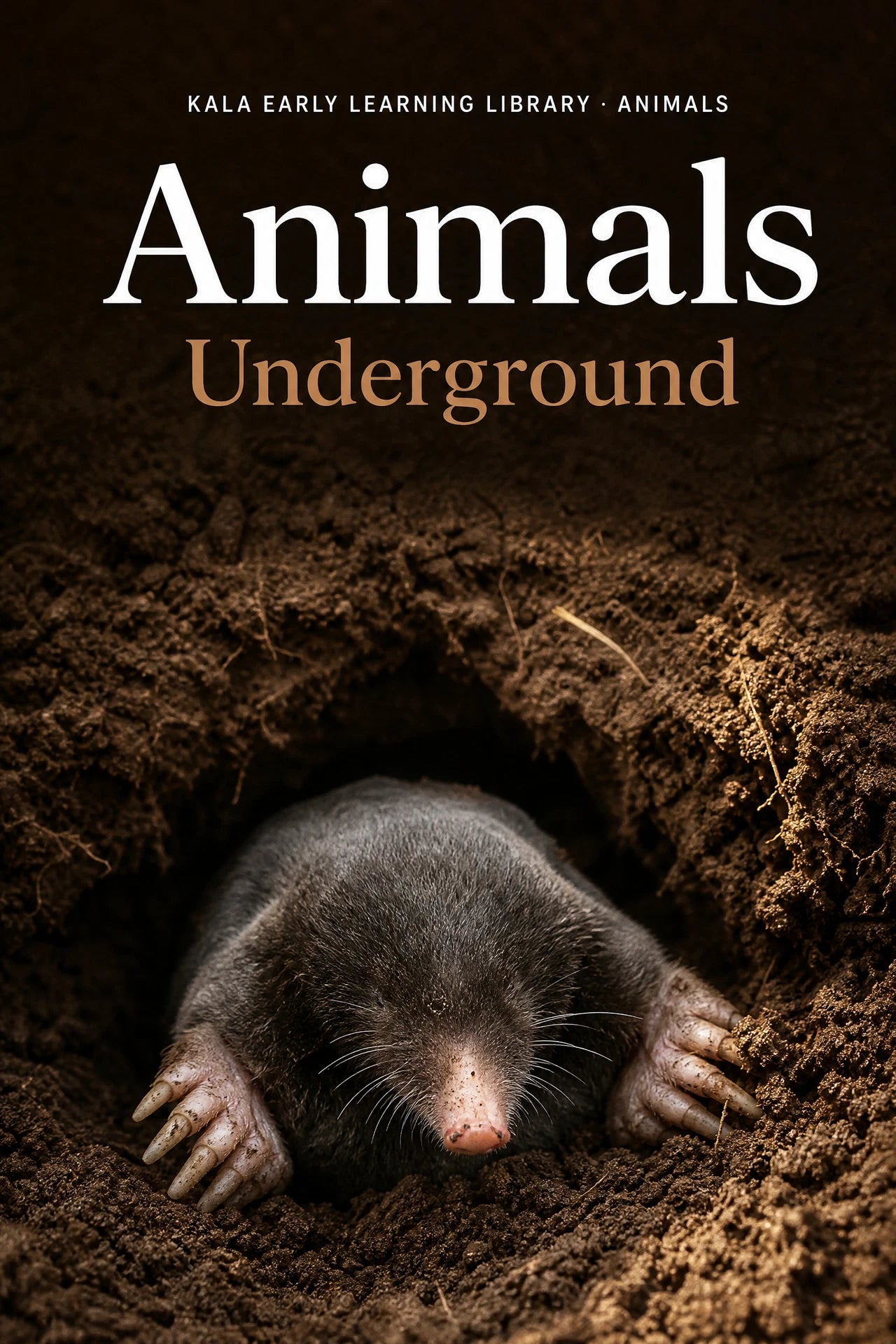 Animals Underground digital picture book cover showing a realistic mole emerging from a soil burrow