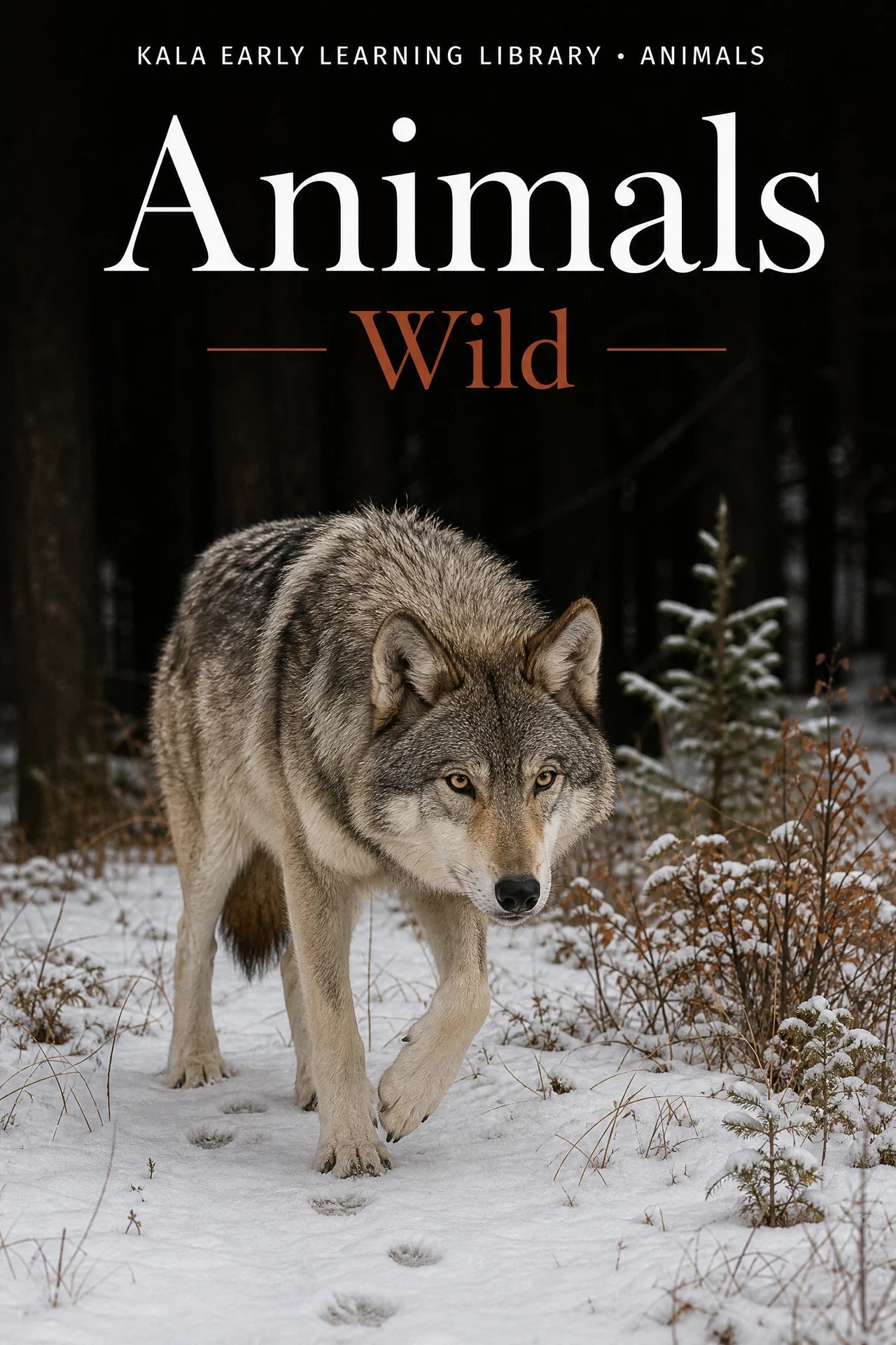 Animals Wild digital picture book cover showing a realistic wolf walking through snow
