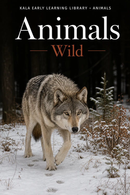 Animals Wild digital picture book cover showing a realistic wolf walking through snow