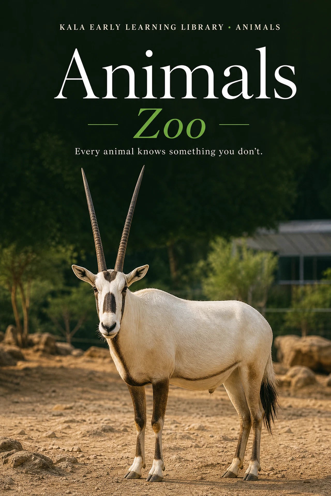 Animals Zoo digital picture book cover showing a realistic Arabian oryx at a zoo