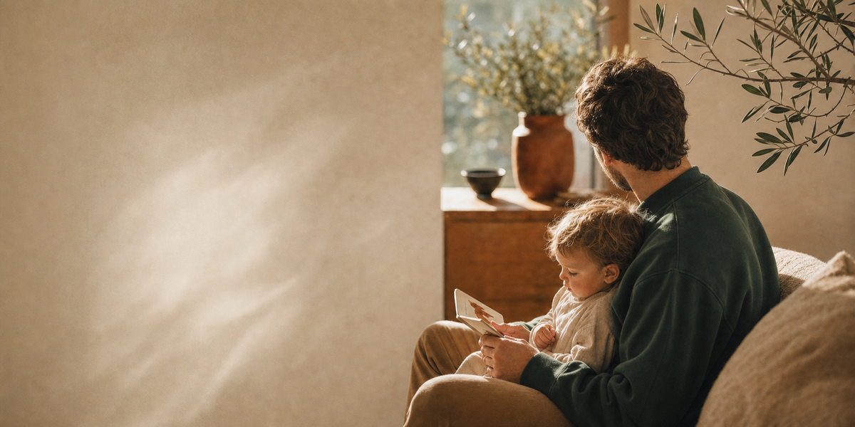 Fatherhood collection banner: father and toddler reading together in warm morning light