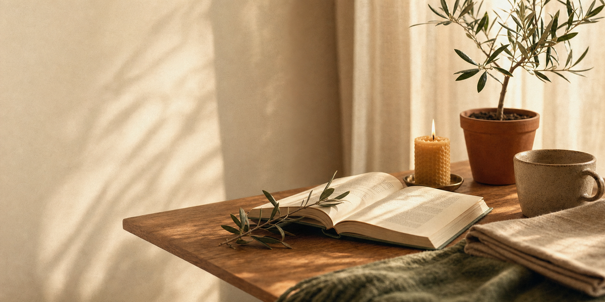 Mindful Parenting collection banner: open book, candle and mug still life with olive branch