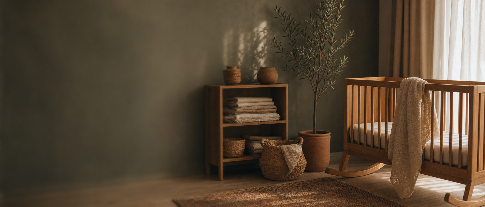 The Nursery collection banner: oak crib and shelf in a calm neutral nursery