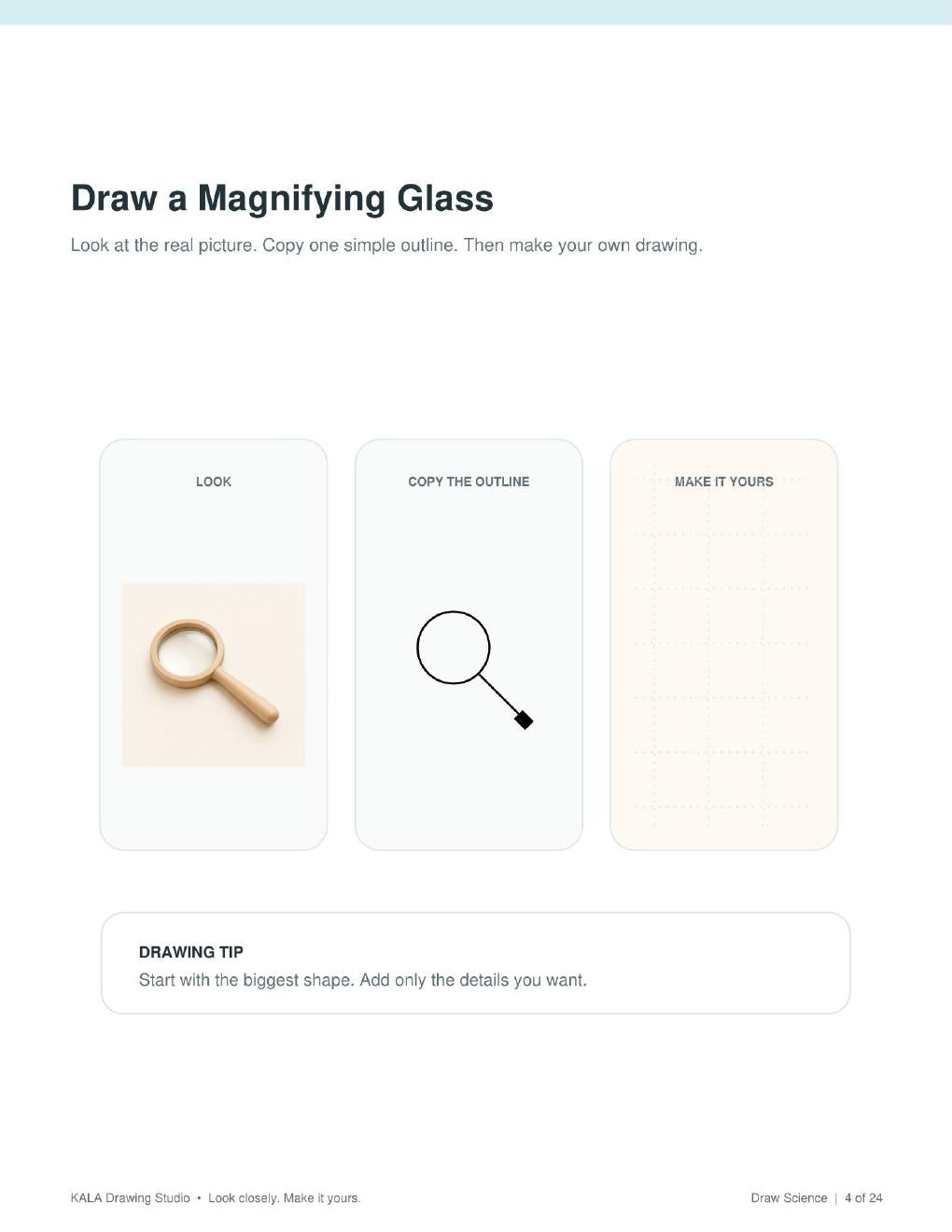 Look Inside Draw Science, magnifying glass drawing activity