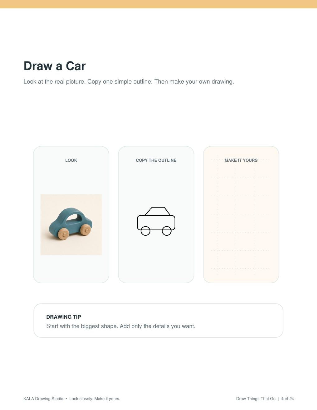 Look Inside Draw Things That Go, car drawing activity