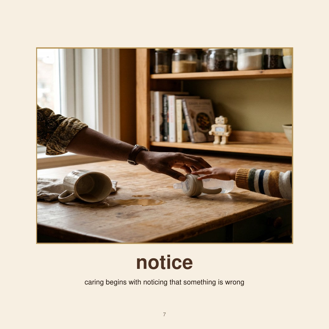 Authentic Care interior page showing an adult hand attending to a small object on a shared table.
