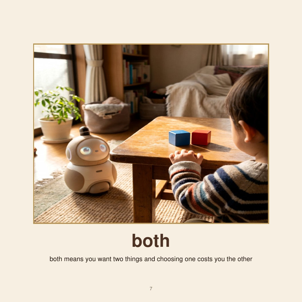 Authentic Choose interior page showing a child at a table with two objects and a small robot.What Robots Can’t Do: Choose | Digital Edition