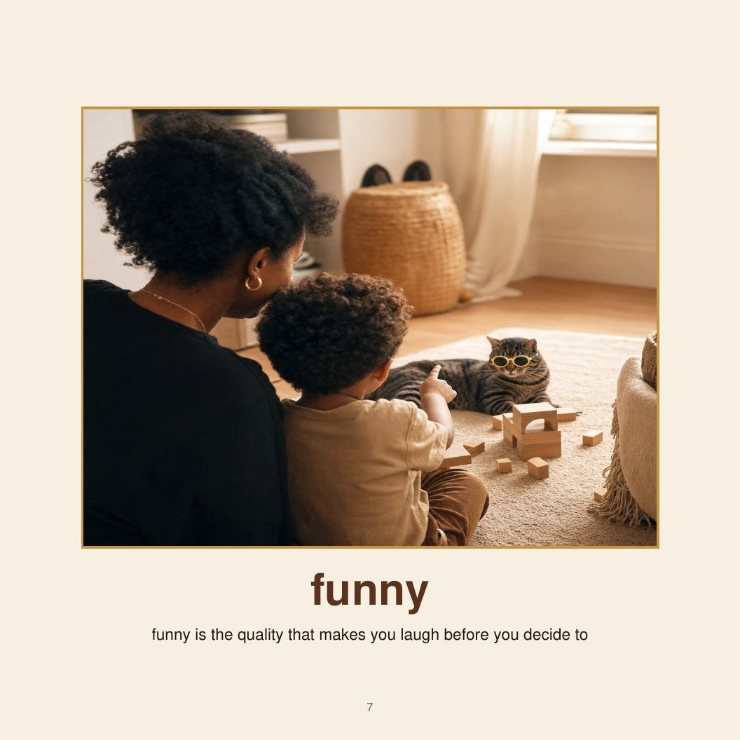 Authentic Laugh interior page showing a grown-up and child with wooden blocks beside a cat wearing round glasses.What Robots Can’t Do: Laugh | Digital Edition
