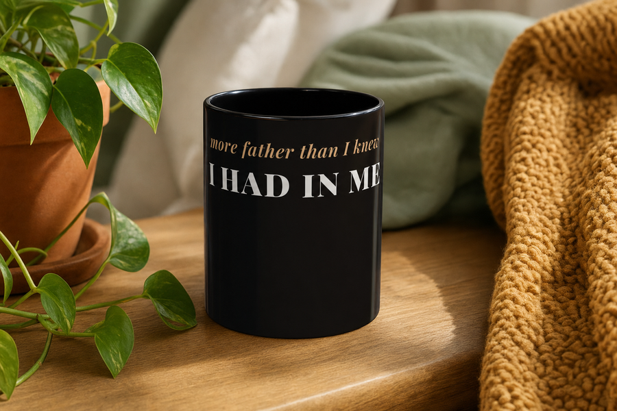 More Father Than I Knew Coffee Mug by Nureli by Kala Library, ceramic mug styled on a warm oak table in soft morning light, premium lifestyle photo
