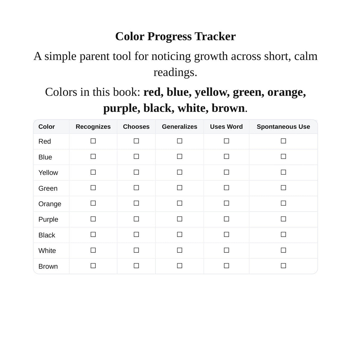 Look inside My First Colors: parent color progress tracker for nine colorsMy First Colors: Real Photo Color Learning Book for Toddlers Ages 1-3