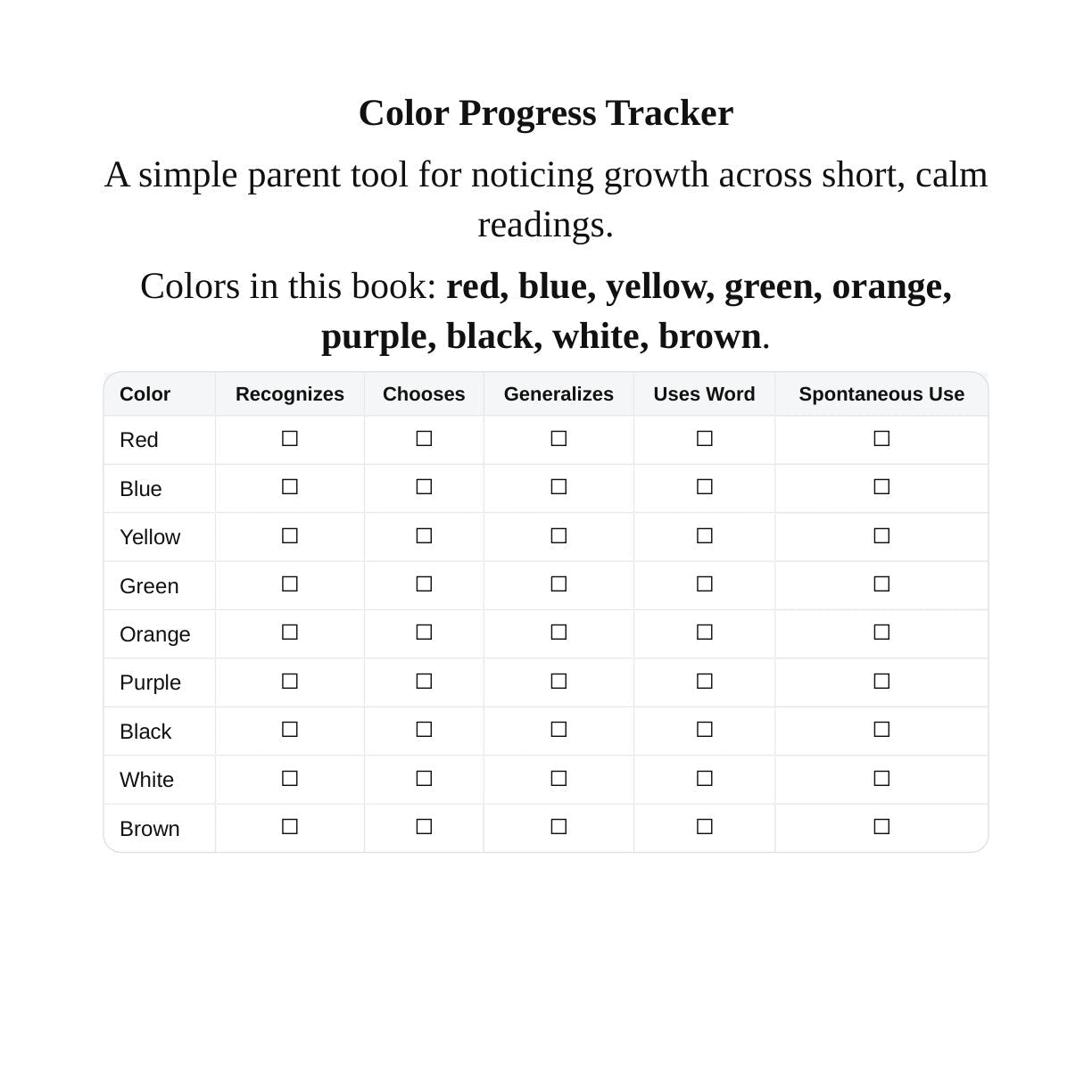 Look inside My First Colors: parent color progress tracker for nine colors