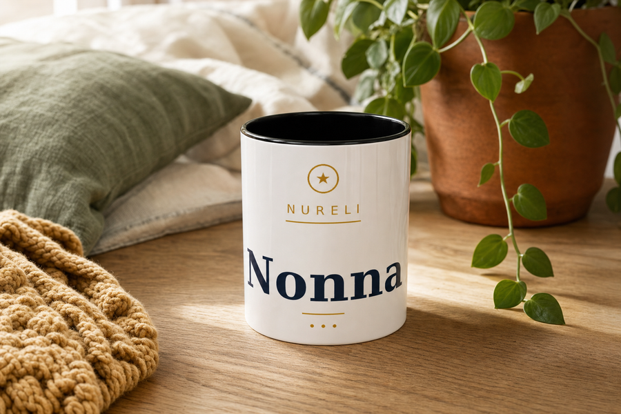 Nonna Mug by Nureli by Kala Library, ceramic mug styled on a warm oak table in soft morning light, premium lifestyle photo
