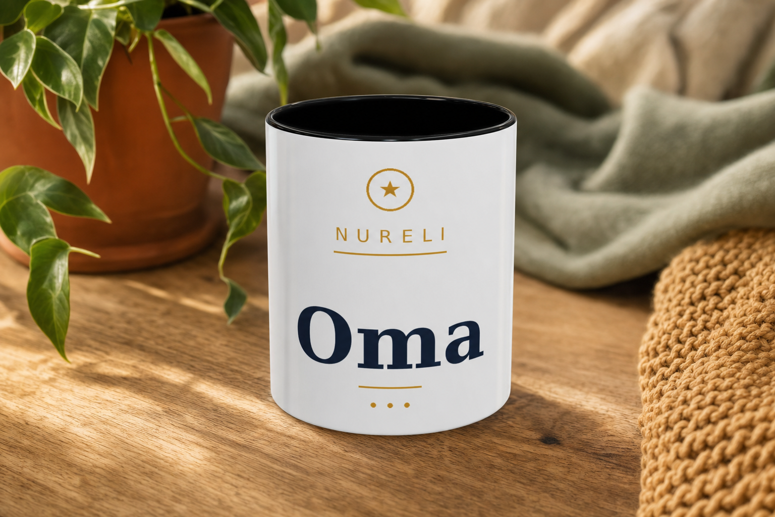 Oma Mug by Nureli by Kala Library, ceramic mug styled on a warm oak table in soft morning light, premium lifestyle photo