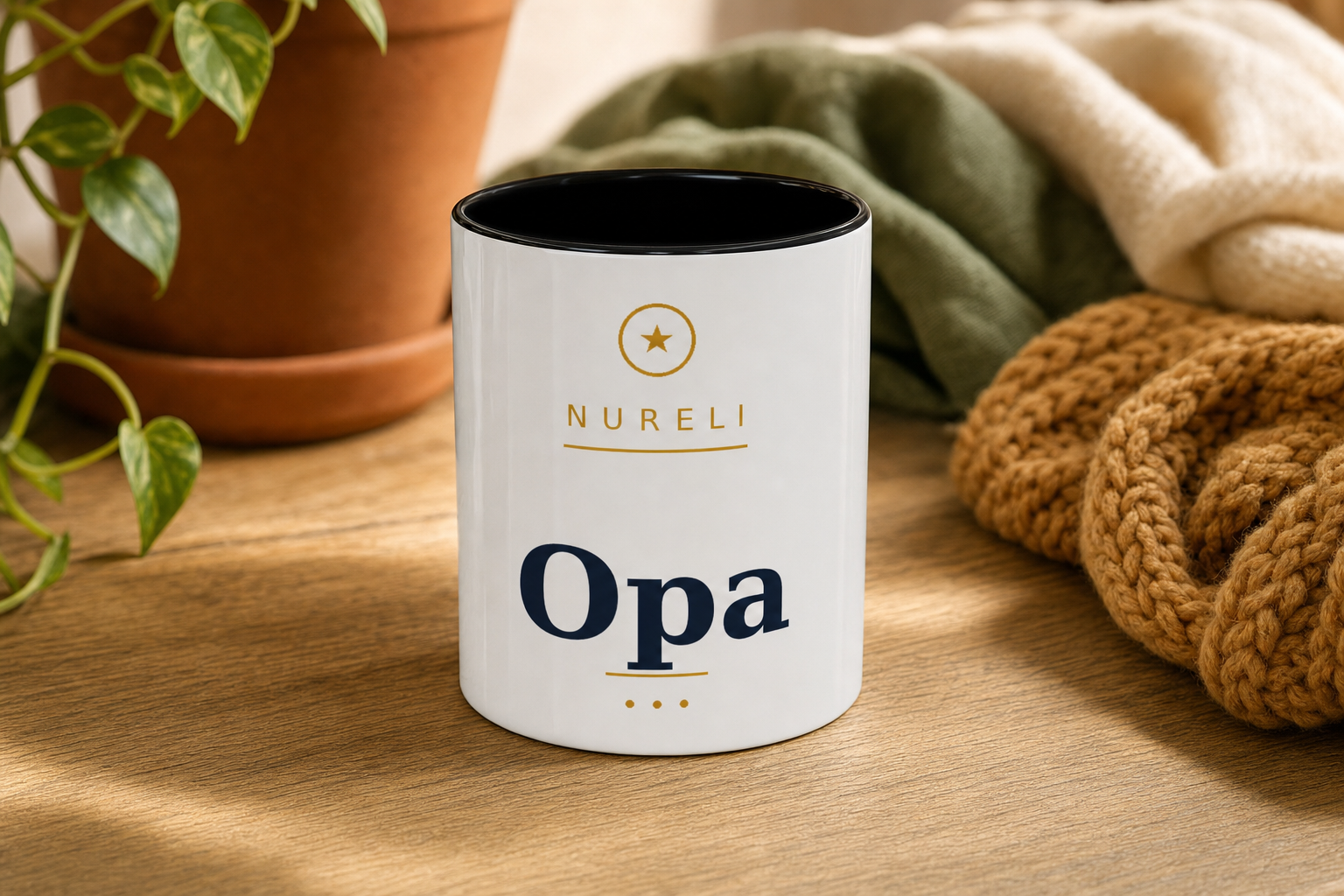 Opa Mug by Nureli by Kala Library, ceramic mug styled on a warm oak table in soft morning light, premium lifestyle photo