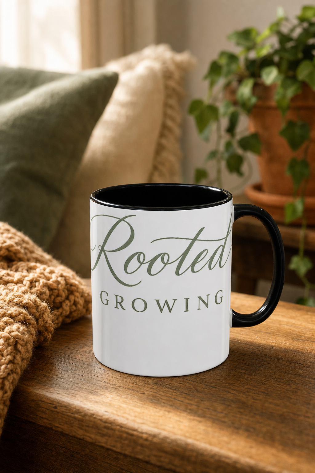 Rooted & Growing ceramic mug with sage green script styled on a warm oak table in a cozy home with a sage pillow, terracotta plant pot, and honey knit throw in soft morning light