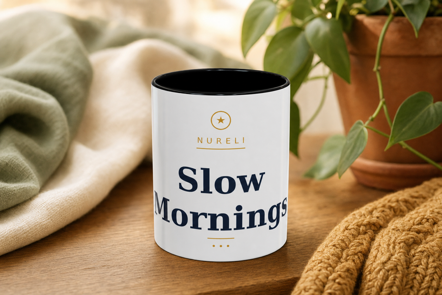Slow Mornings Mug by Nureli by Kala Library, ceramic mug styled on a warm oak table in soft morning light, premium lifestyle photo