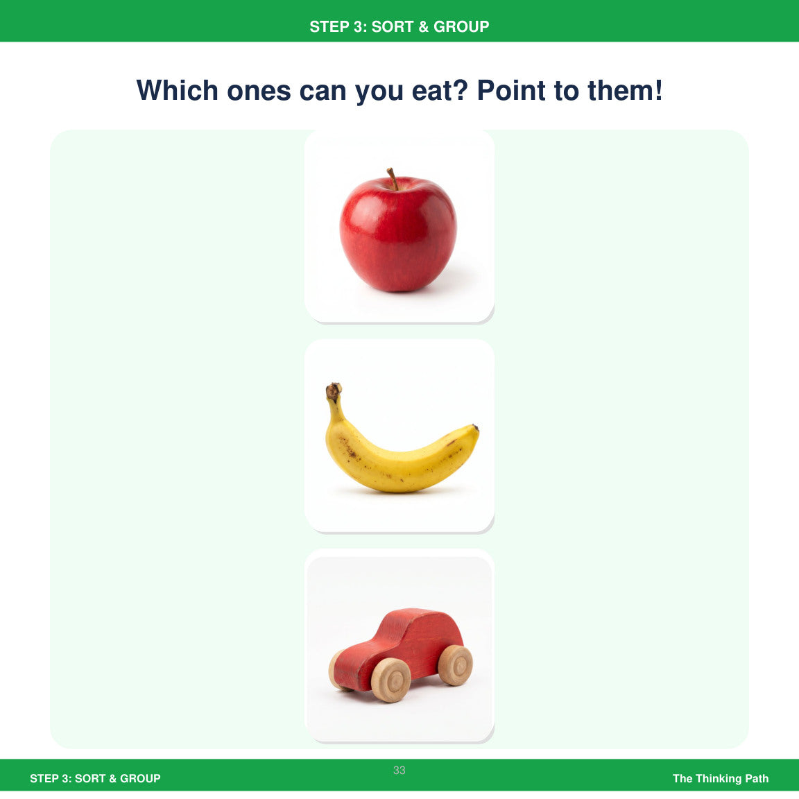 Look inside the toddler thinking skills book: Sort and Group food activityTeach Toddler to Think: Notice, Compare, Choose & Explain