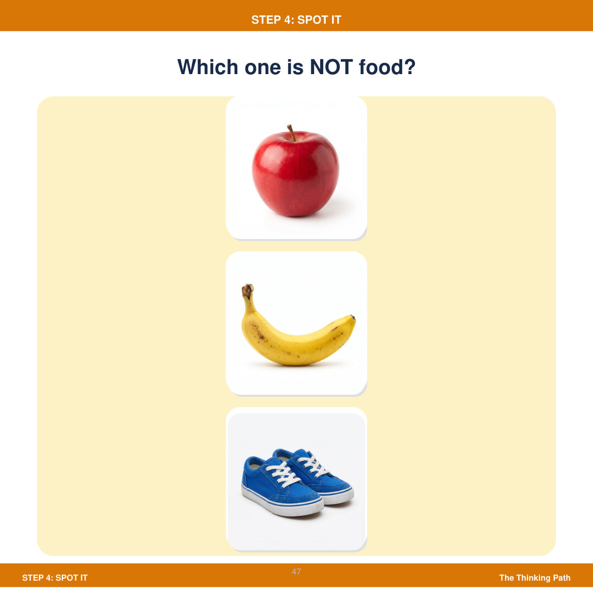 Look inside the toddler thinking skills book: Spot It odd-one-out activity