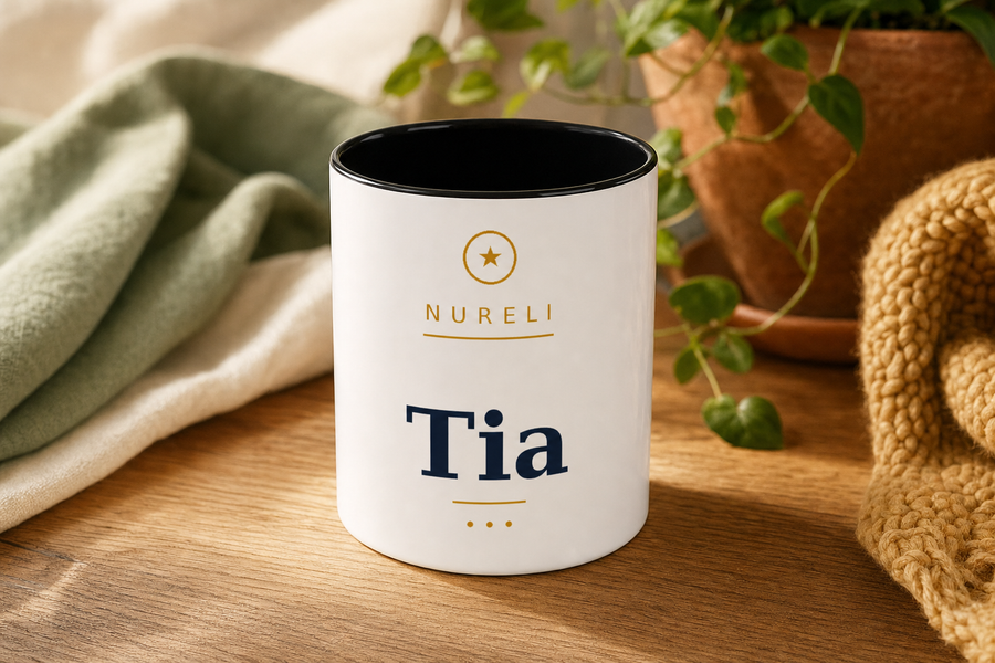 Tia Mug by Nureli by Kala Library, ceramic mug styled on a warm oak table in soft morning light, premium lifestyle photo