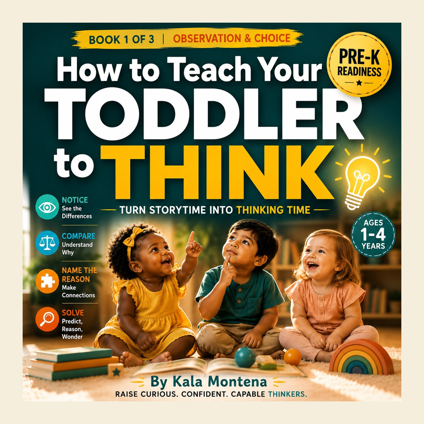 Teach Toddler to Think Pre-K readiness book cover, no flashcards