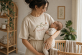 Mother holding newborn wearing the Wonder Grows Here organic cotton tee in a sunlit nursery